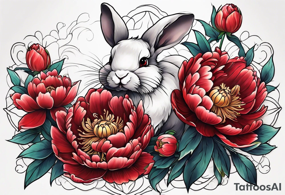 Red peony with small rabbit on a petal tattoo idea