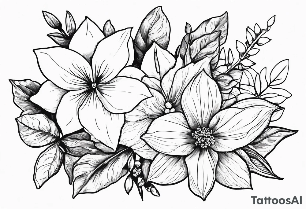 Narcissus, Poinsettia, Holly, Gladiolus, Poppy, Daisy, Sweet Pea and Hydrangea tattoo idea