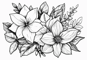 Narcissus, Poinsettia, Holly, Gladiolus, Poppy, Daisy, Sweet Pea and Hydrangea tattoo idea