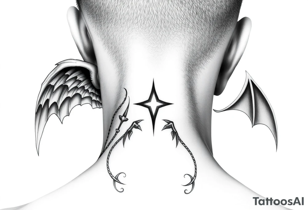 position behind the neck Angel (on the right) whispering in the right ear, demon (on the left) whispering in the left ear. It must be as realistic as possible. tattoo idea