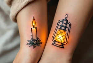 One wears a candle burning in golden flame, and the other a glowing lantern in warm yellow, showing they light each other’s path. tattoo idea