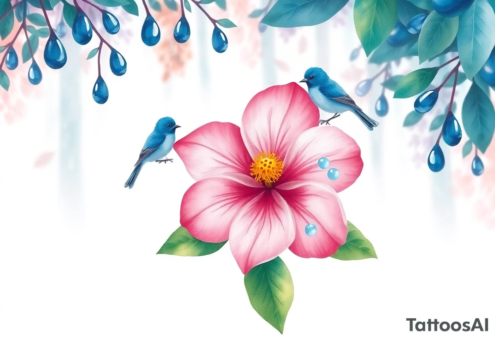 forest background with blue rain drops, pink camelia flower and blue wren bird tattoo idea