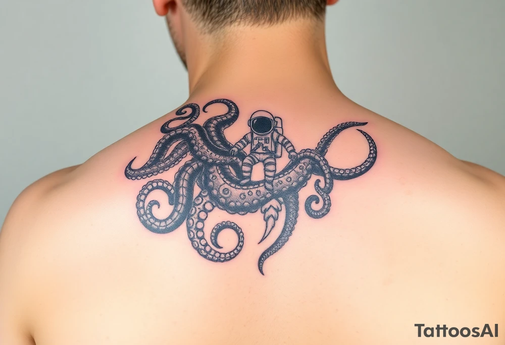 Deep sea kraken with an astronaut in a sea and space concept tattoo idea