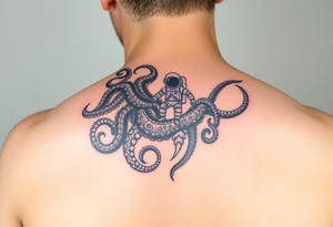 Deep sea kraken with an astronaut in a sea and space concept tattoo idea