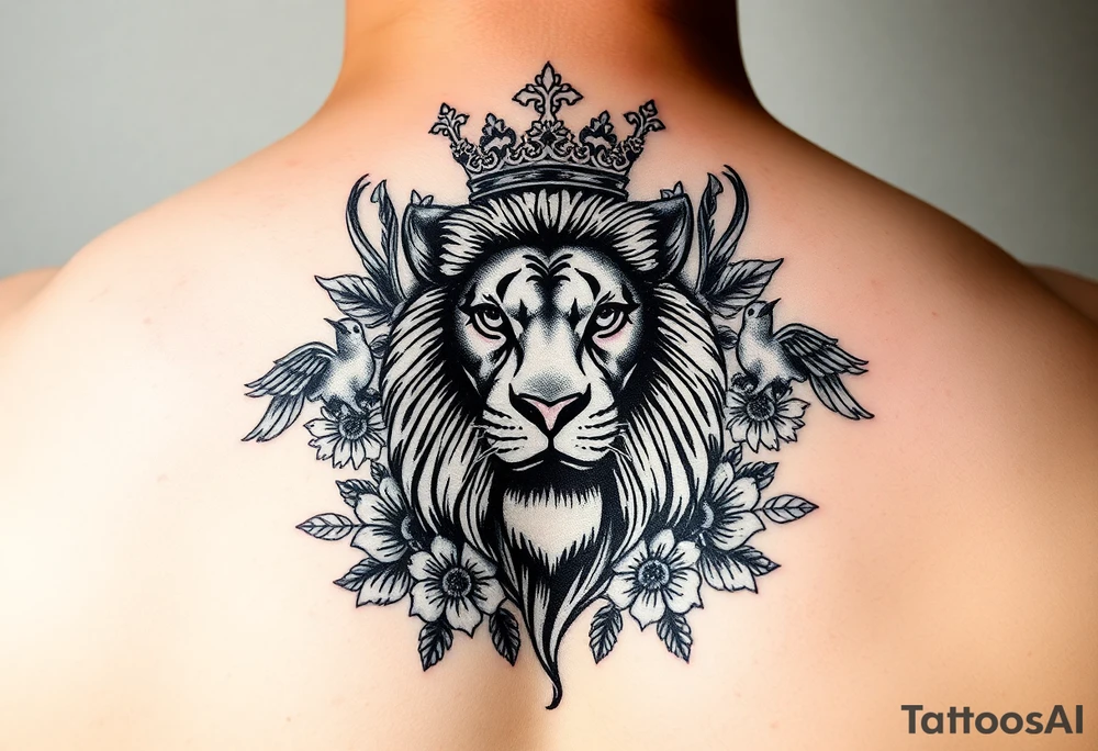 powerful majestic lion with a crown, surrounded by floral ornaments and birds tattoo idea