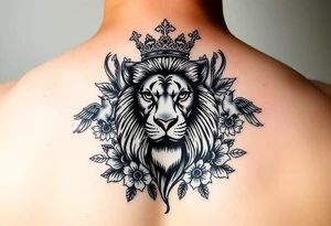 powerful majestic lion with a crown, surrounded by floral ornaments and birds tattoo idea