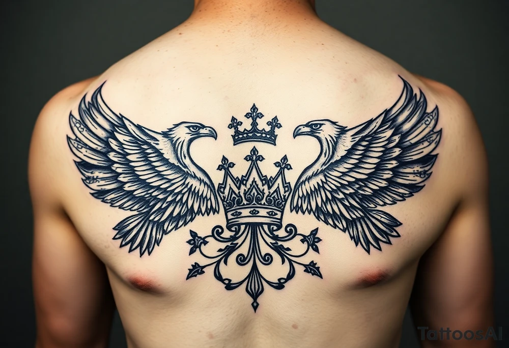 Chest tattoo,powerful two symetrical majestic eagles, surrounded by lure ornaments , between eagles a crown tattoo idea