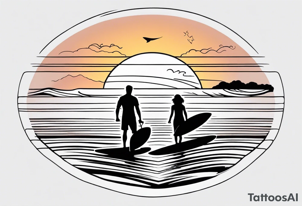 Black and white Line work tattoo depicting a father surfing in the sunset, and sharing his surfboard with his two daughters.  The sunset and horizon have musical notes. tattoo idea