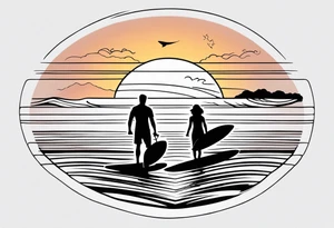 Black and white Line work tattoo depicting a father surfing in the sunset, and sharing his surfboard with his two daughters.  The sunset and horizon have musical notes. tattoo idea