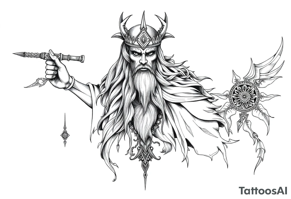 long shaman and witch style mytical with ancient rhyme tattoo idea