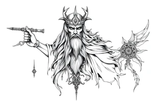 long shaman and witch  style mytical with ancient rhyme tattoo idea