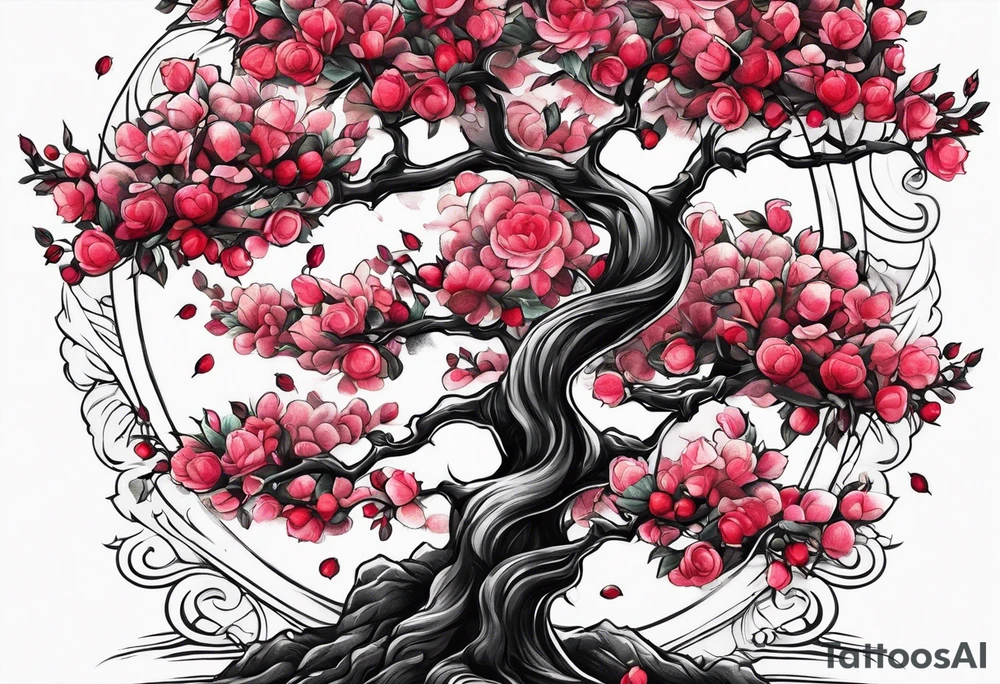Cherry tree with colored roses tattoo idea