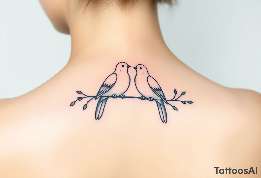 A pair of Ring doves perched on intertwined branches, with shades of soft beige, pale blue, and subtle touches of green tattoo idea