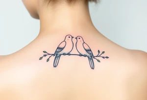 A pair of Ring doves perched on intertwined branches, with shades of soft beige, pale blue, and subtle touches of green tattoo idea