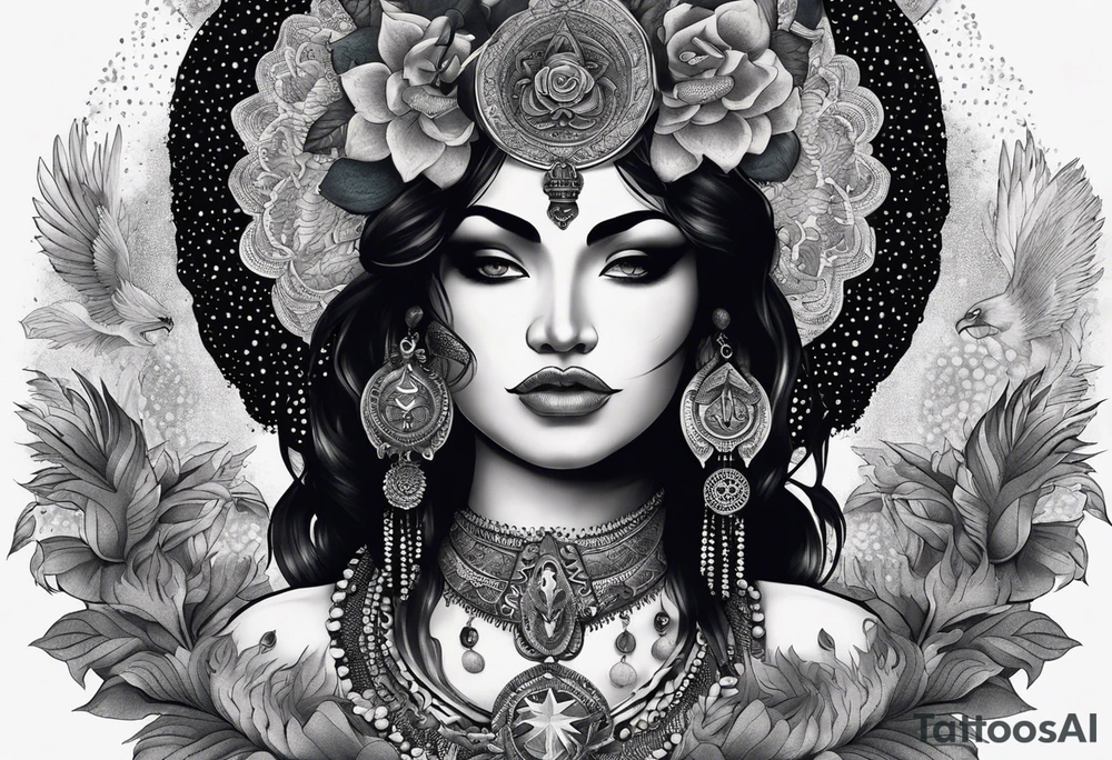 black kali, goddess pirate, alien, angel, pachamama, valkrye, warrior, flying, skull, lotus azul, wing, eagle, zenza resonance, stars, 5D, anahata chakra, death, durga, riding on a tiger, flying lady, kundalini, chest tatoo, samuri, rebel, serpent tattoo idea
