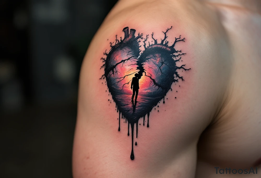 A broken heart dripping black ink, morphing into a shadowy figure walking away in the background. tattoo idea