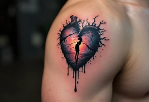 A broken heart dripping black ink, morphing into a shadowy figure walking away in the background. tattoo idea