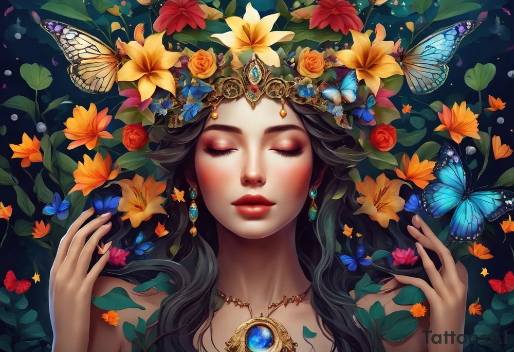 Beautiful woman made of tree, branches, and leaves surrounded by flowers. She is wearing a crown made of butterflies and has a pond and lilies near her feet with colorful vegetation. She is holding her arms upright and has her hands cupped above her head. Above her hands she has the moon, stars, and sun. The moon, stars, and sun have a flower accent. tattoo idea