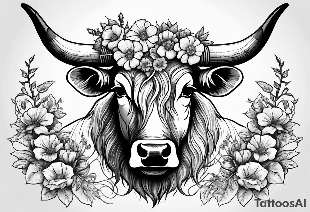 Western longhorn with flowers and barbed wire intertwined into the horns tattoo idea