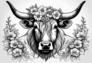 Western longhorn with flowers and barbed wire intertwined into the horns tattoo idea