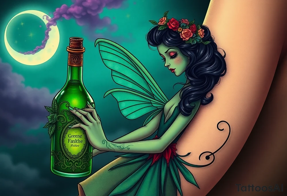 Tim Burton’s kelly doty pin up style Vintage Parisian elegant and hauntingly beautiful yet eerie full body absinthe Green Fairy dances outside her victorian crystal decatur she was once inside this elaborate ornate bottle absinthe bottle Absinthe Art Nouveau   and dripping with muted reds, dusty pinks, and eerie green glow.purple and cyan smokey clouds swirl in the crescent moonlit sky thats sprinkled with stars tattoo idea