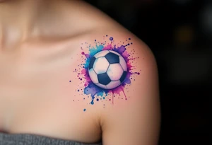 A watercolor-style soccer ball exploding with splashes of blue, purple, and pink ink. tattoo idea