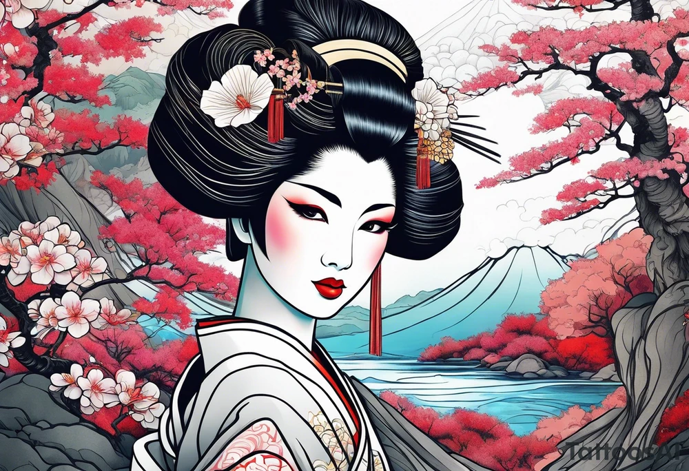 geisha girl that turns into a Japanese waterfall tattoo idea