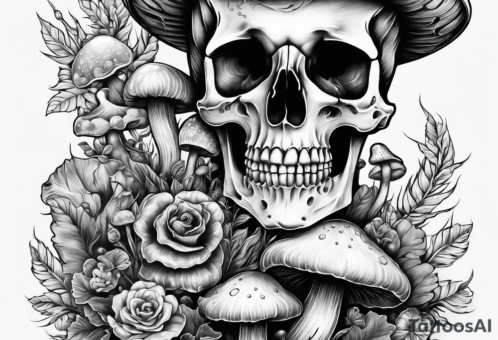 skeleton with mushrooms growing out of it tattoo idea