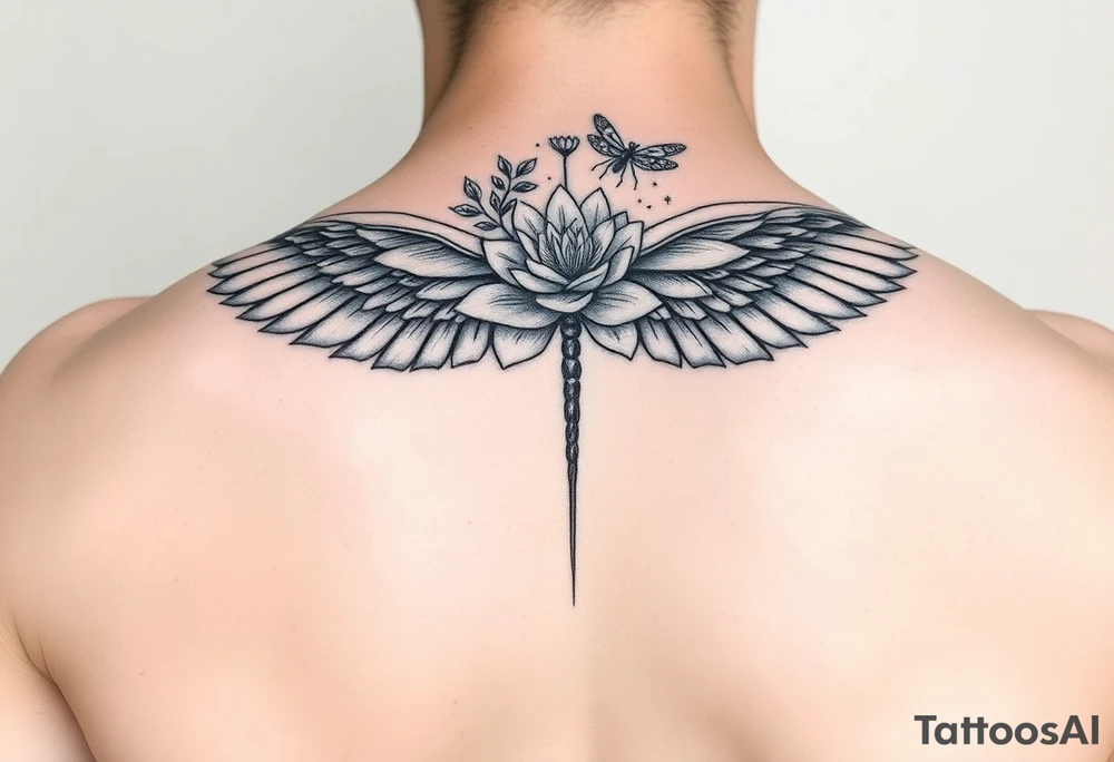 Single Angel wing shoulder design with a floral waterlily and dragonfly design above it tattoo idea