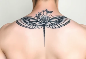 Single Angel wing shoulder design with a floral waterlily and dragonfly design above it tattoo idea