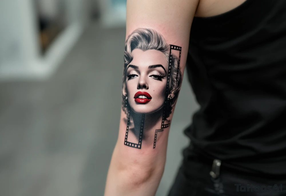 A filmstrip tattoo with several Marilyn Monroe expressions in black and grey with one red-lipped close-up. tattoo idea