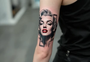 A filmstrip tattoo with several Marilyn Monroe expressions in black and grey with one red-lipped close-up. tattoo idea
