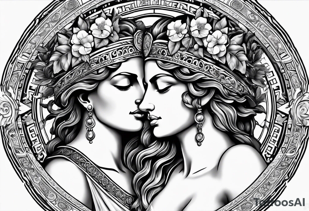 The greek gods Clio and Dionysos with their recognisable attributes tattoo idea