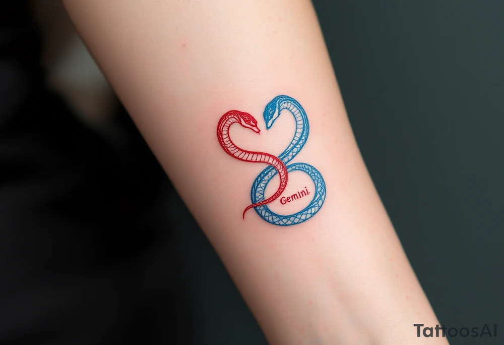 A minimalist twin snake design, one outlined in red and the other in blue, intertwined in a spiral and With word "Gemini" tattoo idea