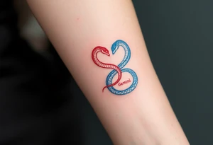 A minimalist twin snake design, one outlined in red and the other in blue, intertwined in a spiral and With word "Gemini" tattoo idea