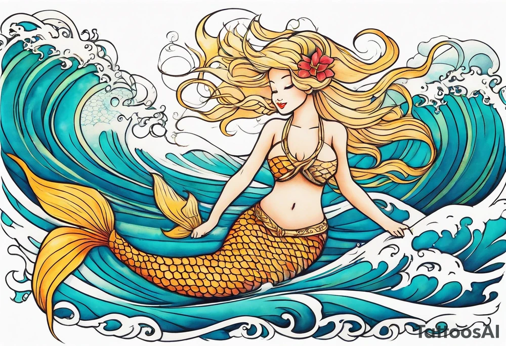 Blond mermaid and  son frolicking in the ocean tattoo idea