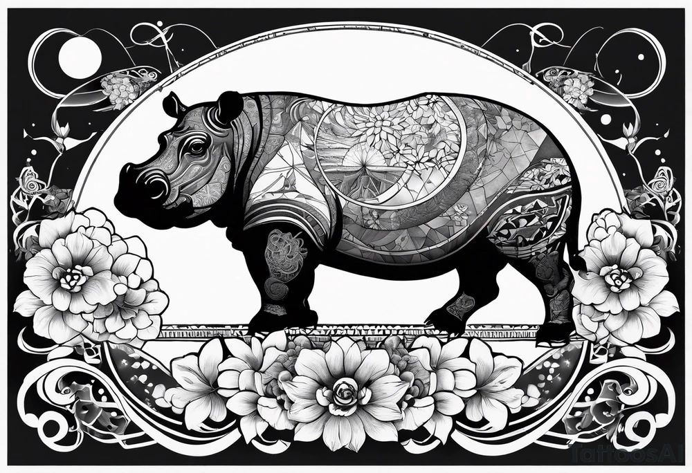 Hippo, flowers, moon, interstella, artic surreal,
Extreme fine lines, tribal, geometric, japanese, artistic tattoo idea