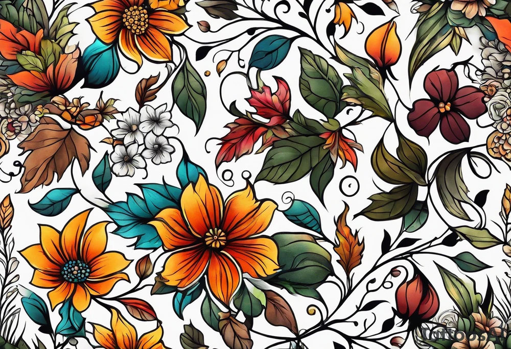 Full arm sleeve with fall colors, flowers, leaves and shapes tattoo idea