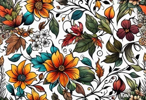 Full arm sleeve with fall colors, flowers, leaves and shapes tattoo idea