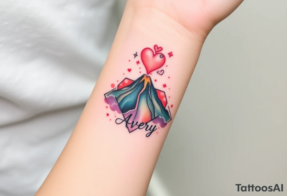 Geometric Volcano erupting into a heart with text Avery tattoo idea