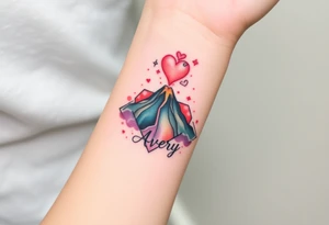 Geometric Volcano erupting into a heart with text Avery tattoo idea