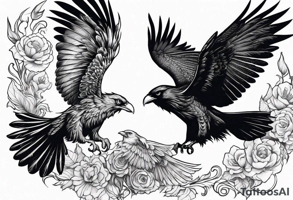 Pheonix and raven fighting with owl flying in at them tattoo idea