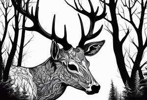 A side profile of decayed deer skull surrounded by trees and fire tattoo idea