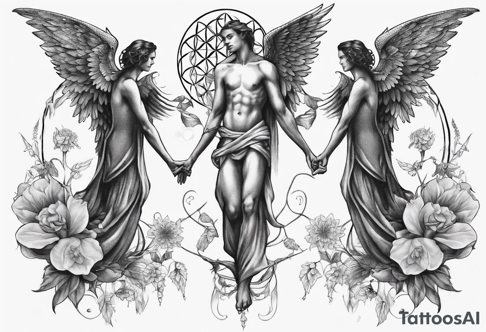 Two angels as brothers embedded in flower of life tattoo idea
