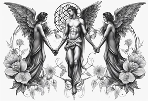 Two angels as brothers embedded in flower of life tattoo idea