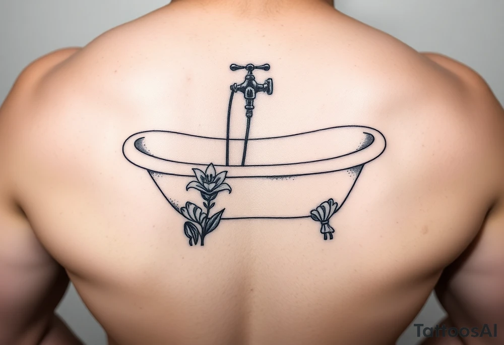 clawfoot bathtub with simple faucet and lily coming up out of the tile floor tattoo idea