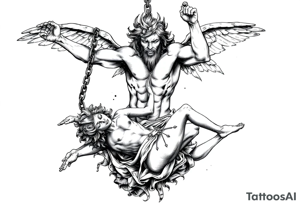 Prometheus Chained Down with Icarus falling from the sky Mythology tattoo idea