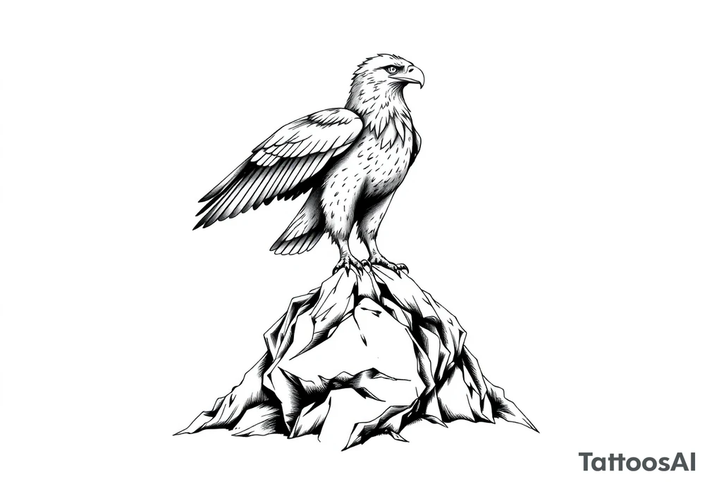 an eagle stands on a rock, landscape. tattoo idea