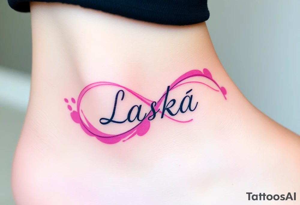 A watercolor infinity design in pastel pink and purple hues, with "Láska" softly blending into the curves, creating a dreamy effect tattoo idea
