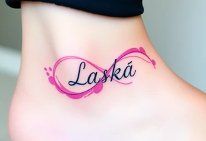A watercolor infinity design in pastel pink and purple hues, with "Láska" softly blending into the curves, creating a dreamy effect tattoo idea